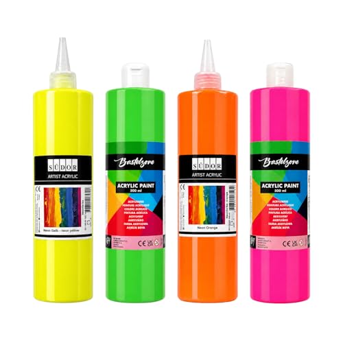 SÜDOR Set de pinturas acrílicas neón – 4 x 500 ml – Colores fluorescentes para acrylic pouring, lienzo, madera, piedra y papel – Rosa, Verde, Amarillo, Naranja (Set neón)