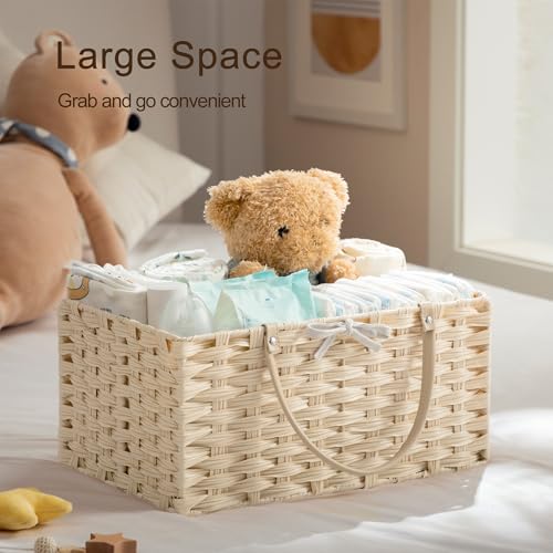 Image of HBlife Diaper Caddy Organizer, Washable Waterproof, Portable Plastic Wicker Woven Basket with Divider, Nursery Diaper Station, Baby Shower Gifts Basket & Car Organizer