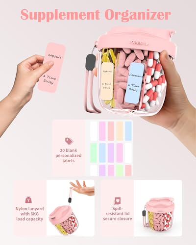 Image of Pill Organizer with 7 Compartments, Pill Box Case for Holding 7 Different Vitamins, Anti-Mix Design for Easy Medication Retrieval. Travel Pill Organizer with 20 Labels. Cute Pill Dispenser Light Pink