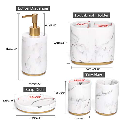 Bathroom Accessories Set, 5 Pcs Marble Look Bathroom Sets for Counter Top Restroom Apartment Decor Stuff, Imitated Resin Kits, Gift for Women and Men-Ink White with Gold