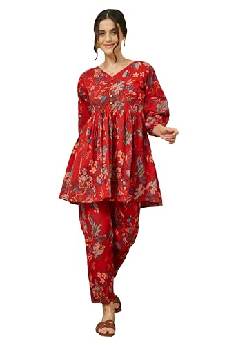 Image of Janasya Women's Red Pure Cotton Floral Printed Peplum Co-ord Set
