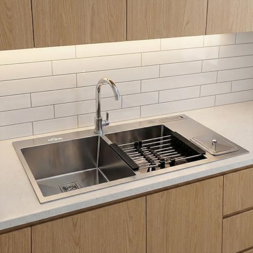 Image of ARQUIN Double Bowl Kitchen Sink with Dustbin 45x20x10 Inch Handmade Premimum Stainless Steel Sink Matt Finish Couplings, Waste Pipe & Vegetable Washing Basket