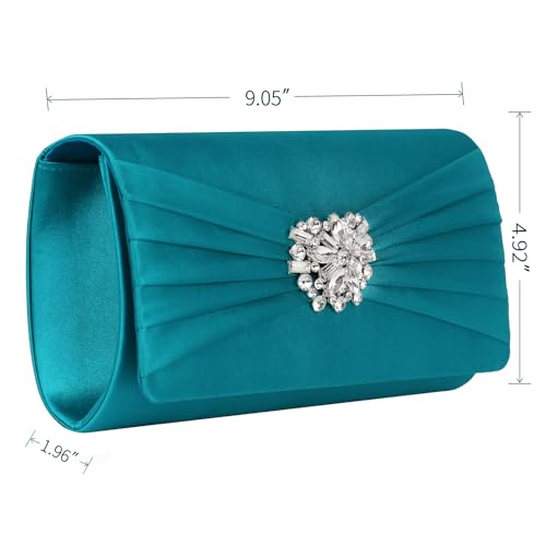 Image of Evening Bags For Women Pleated Satin Rhinestone Brooch Prom Clutch Purse With Detachable Chain Strap