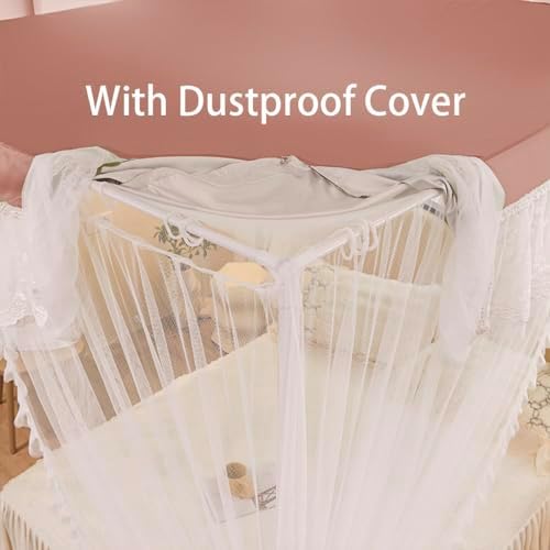 Princess Mosquito Net Canopy Curtain with Ruffle Double Layer 4 Opening Netting for Girls Bedroom Decoration Solid Color Bed Canopy (Pin Jade Full)