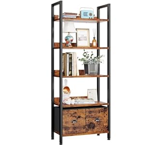 Furologee 5-Tier Bookshelf, Tall Bookcase with 2 Storage Drawers, Industrial Display Standing Shelf Units, Wood and Metal Storage Shelf for Living Room, Bedroom, Home Office, Rustic Brown