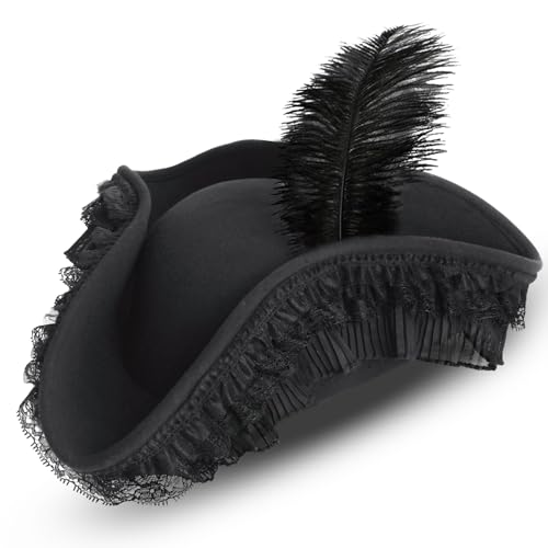 Lrvcnva Pirate Hat for Woman Pirate Costume Accessories Women Halloween Black Tricorn Colonial Hat with Feather Lace