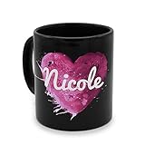 printplanet - Tasse Schwarz mit Namen Nicole - Motiv: Painted Heart - Namenstasse, Kaffeebecher, Mug, Becher, Kaffeetasse