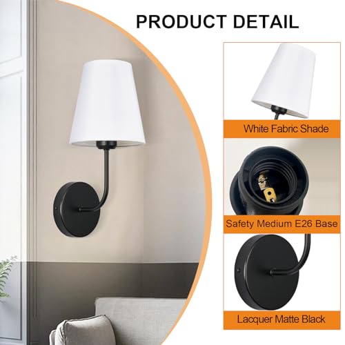 Image of Modern Hardwired Wall Sconce Set of 2 - Matte Black Finish with White Fabric Shades,Farmhouse Bedroom & Living Room Lighting, Hallway, Fireplace, Bathroom