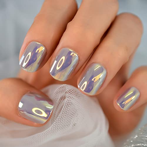 Ibeautying Press On Nails - Chrome Holo Mirror False Nails | Metallic Punk Style Short Squoval Reusable Fake Nails In 10 Sizes - 24 Nail Kit With Jelly Glue Pad #TOP1