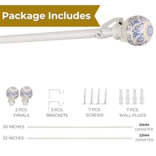 Image of The Decor Mart 52 inch to 96 inch Extendable Curtain Rod |1 inch Curtain Rods for Door & Windows Adjustable Iron Telescopic Drapery Bar with Ceramic Ball Finials | White