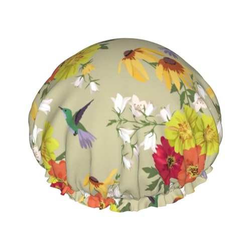 Hair Cap for Shower - Flowers and Hummingbirds Double Layer Shower Cap Reusable Waterproof, Large Shower Cap for Women, Hair Cap for Shower with Peva Lining and Elastic Rope