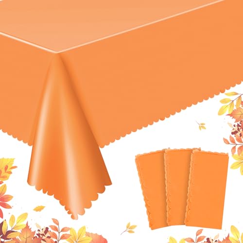 Image of NatNarr 3 Pk Orange Plastic Tablecloth Scalloped Fall Halloween Table Cloth