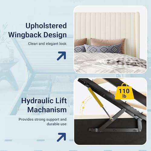 Image of Allewie Queen Size Lift Up Storage Bed Frame Channel Tufted Headboard Cream