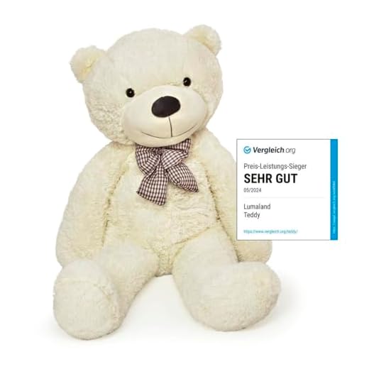 Lumaland Riesen XXL Teddybär 120 cm mit Knopfaugen und Schleife Plüsch Kuschelbär samtig weich Schmusetier Kuscheltier Groß Valentinstag - Beige