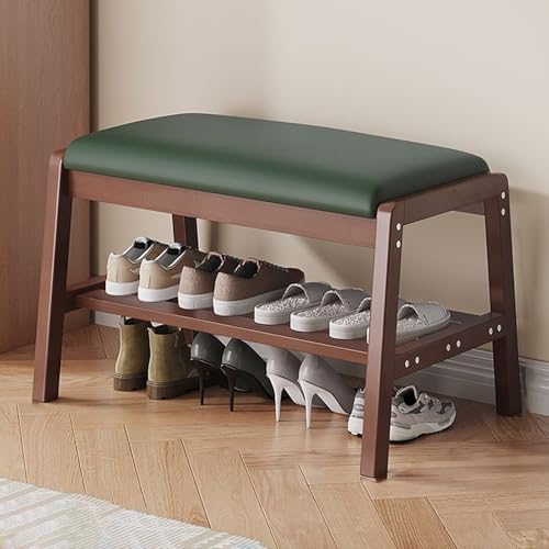 Banc à chaussures vert pour optimiser une petite entrée étroite grâce au rangement 2 niveaux