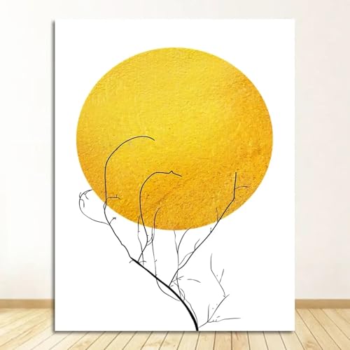 Tableau abstrait feuille jaune et soleil grand format 70x100cm déco murale lumineuse chambre