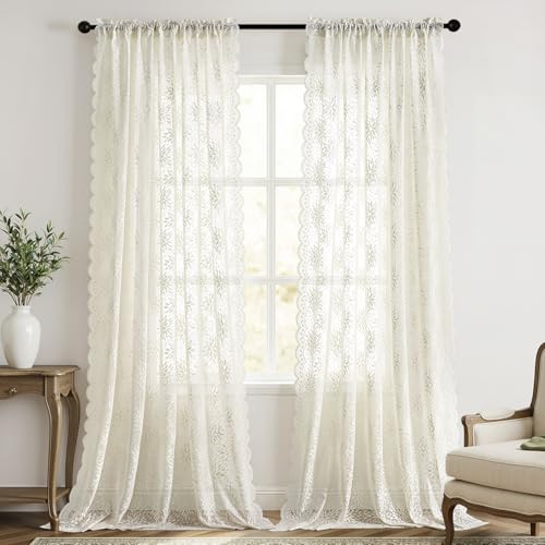 Image of MIULEE Vintage Lace Curtains 96 Inches Long 2 Panels, Victorian Decorative Floral Scalloped Semi Sheer Curtains Light Filtering Rod Pocket Panels Decor for Bedroom Living Room, 52 inch W x 96 inch L, Ivory