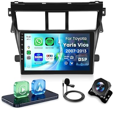 Rimoody 9 Inch Car Stereo for Toyota Yaris Vios 2007-2013, Wireless CarPlay Android Auto MP5 Player with IPS Touchscreen Bluetooth FM/RDS DSP Vi-Link You-Tube Mirror Link, Backup Camera SWC