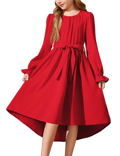 Arshiner Mädchen Kleid Langarm Chiffonkleid Festlich Rot...
