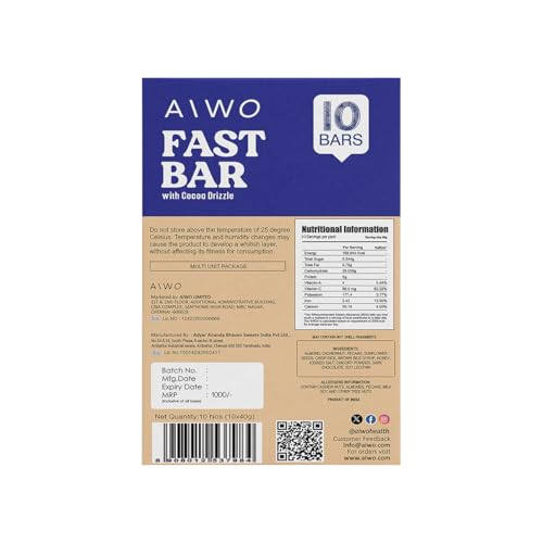 Image of AIWO Fast Bar Nut Energy Bars - 5g Protein | Almonds, Cashews & Pecans with Cocoa Drizzle | Gluten-Free, Vegetarian | Healthy Snack Bars (Pack of 10, 40g Each)