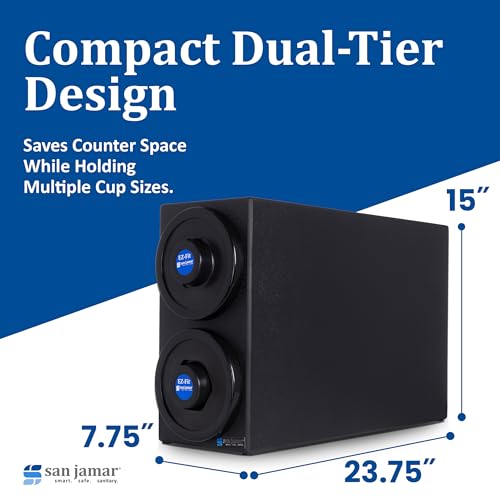 Image of San Jamar Ez-Fit Cup Dispenser Cabinet, 2 Tiers with Black Trim Rings for Restaurants, Dining Halls, and Fast Food, Plastic, 17 x 9.75 x 27.75 Inches, Black