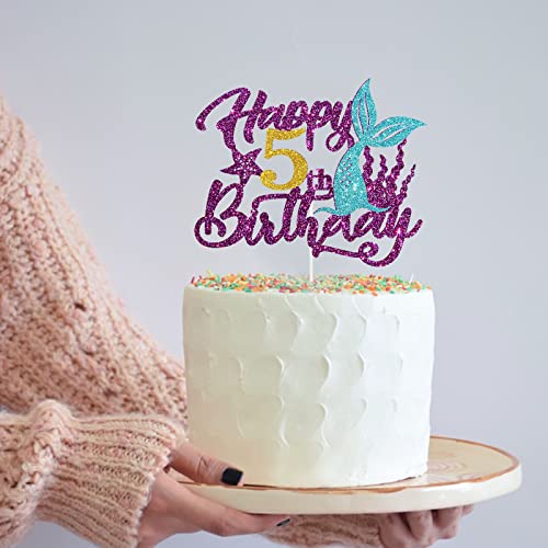 Mermaid Happy 5Th Birthday Cake Topper, Purple Glitter Sea Five Cake Decor, 5Th Birthday Ocean World Theme Party Decorations Party Supplies #TOP5