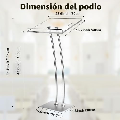Miniatura 6 de Afitdon Podio Acrílico Con Base Estable De Hierro Y Ranura Para Bolígrafo, Púlpito Negro Con Plataforma De Lectura De Acrílico De 10 Mm Engrosada, Soporte De Podio Para Iglesia, Conferencias, Bodas