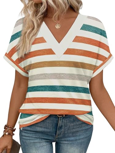 WIHOLL Summer Tops for Women Clothing 2025 Spring Break Essential Dressy Casual V Neck Easter Shirts School Teacher Outfits Cute Orange Stripes L