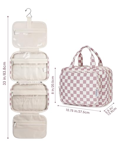 Image of Narwey Large Hanging Toiletry Bag Travel Makeup Bag Cosmetic Organizer for Women and Girls, Z-Dusty Rose Checkerboard, Medium