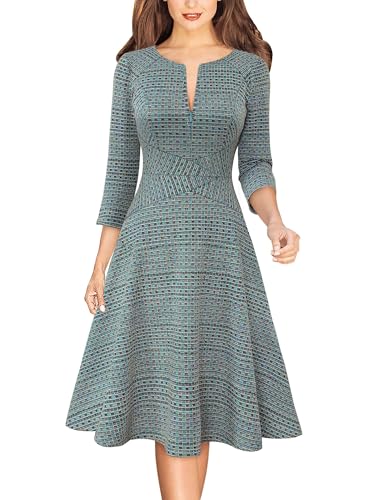 Image of VFSHOW Womens Work Business Front Zipper A-Line Dresses 3 /4 Sleeve Office Church Fit and Flare Skater Swing Knee Length Dress