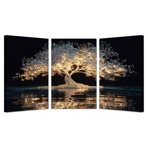 NEKAOEU(ネカオウ) 3枚セット 植物 ポスター アートパネル 夜の生命の木 北欧 パネル 緑 葉 風景 ポスター, の花 風景画,幸運 玄関 絵画 お風呂 壁 風水 子供部屋 飾り絵(ホワイト 78)-40x60cmx3 額入り