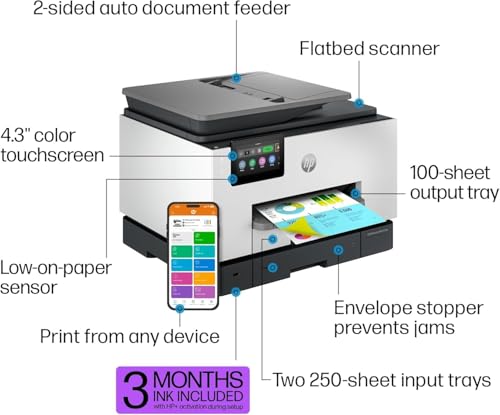 hp officejet pro 9135e all-in-one printer color printer-for-small medium business print copy scan fax wireless 3 months of instant ink included two-sided printing two-side renewed premium