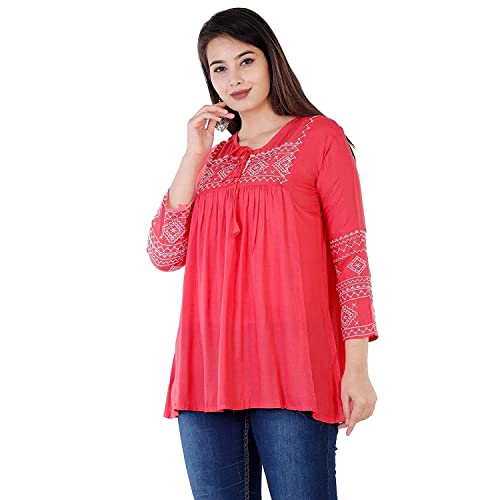 Image of Avayayat Short Kurti for Women | Embroidered Straight Rayon Kurta | Round Neck Full Sleeves Short Kurti for Women's