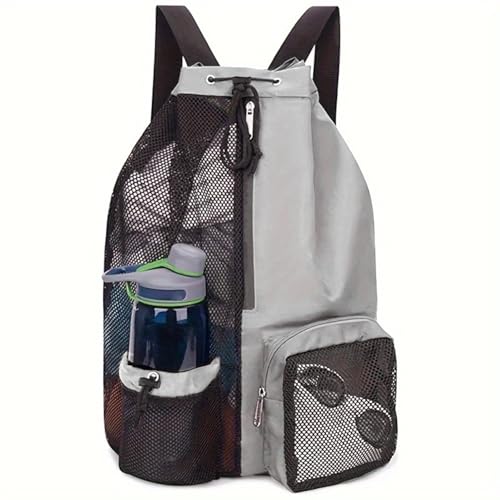 Mochila de praia de malha, mochila de malha para praia e piscina com bolso molhado e cordão, design unissex (cinza claro)