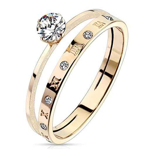 Paula & Fritz® Damring roséguld 4 mm bred zirkonia kristall klar romerska siffror dubbel ring rostfritt stål ring vänskapsring partnerring 47 (15) – 60 (19,1) e rostfritt stål, 53 (16,9), colore: Roséguld, cod. R-M7178R_70