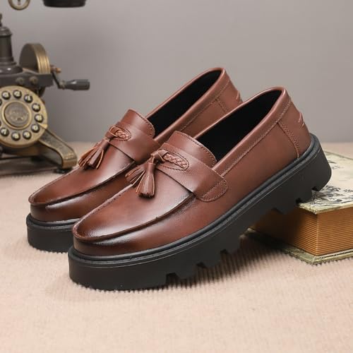 Image of Men's Black Soft Patent Leather Platform Chunky Heel Loafers Fashion Tassel Business Casual Formal Work Shoes Non-Slip Lug Sole Slip-On Penny Loafers