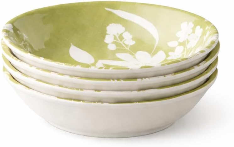 Wildflowers Ceramic SOUP/CEREAL BOWLS, SET OF 4, 9 x 2 inch assorted floral watercolor bowls, perfect for soups, ramen, salad portions, pasta, cozy meals and soft botanical garden‑inspired table