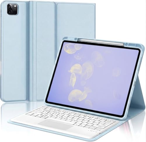 iPad Air 13インチ (M4 2026/ M3 2025/ M2 2024) iPad Pro 12.9インチ 第6/5/4/3世代 キーボード タッチパッド付き 7色バックライト 着脱式 軽量 薄型 磁気吸着 オートスリープ機能 ペン収納 耐衝撃 傷つけ防止 全面保護 Type-C充電式 日本語説明書 ライトブルー