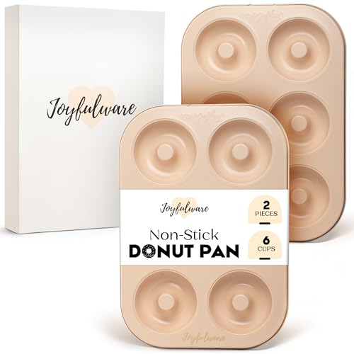 Joyfulware Donut Pan for Baking - Set of 2 Non-stick Donut Pans - Carbon Steel Doughnut Pan - 6 Cavity Full-Sized Donut Molds for Baking - Trendy Beige Donut Baking Pan