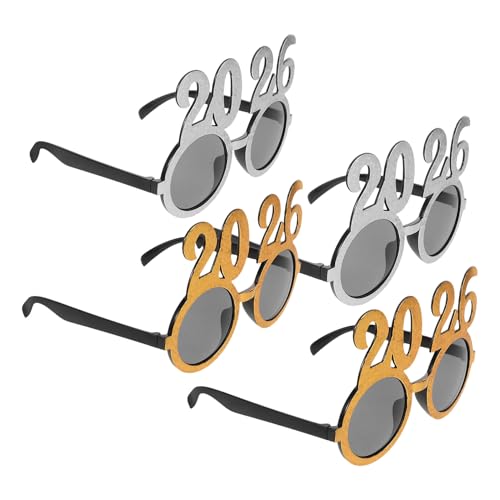 DOITOOL Gafas de Fiesta 2026 Lentes Redondas 4 Unidades 2 Plateadas y 2 Doradas Accesorio para Año Graduaciones y Celebraciones Festivas