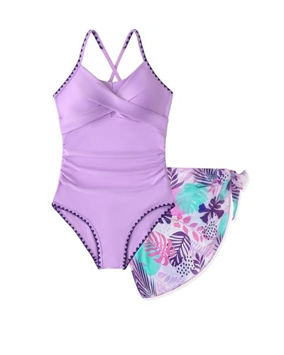 Image of Girls Swimsuit One-Piece Bathing Suit with Cover Up Skirt 7-16Y