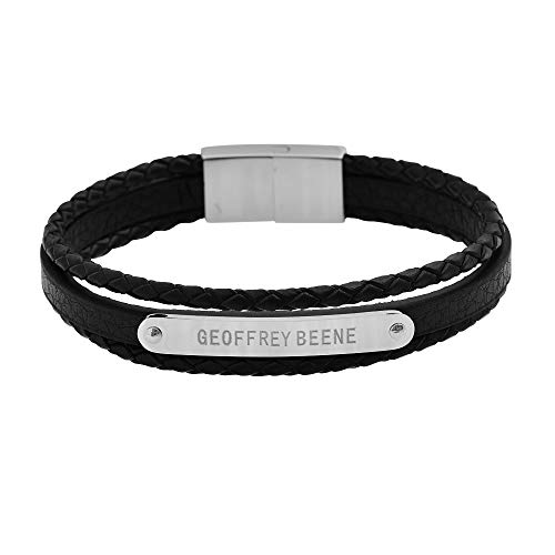 Geoffrey Beene Men's Multi-Strand Braided Genuine Leather Wheat Chain Stainless Steel ID Bracelet with Magnetic Closure (Silver)