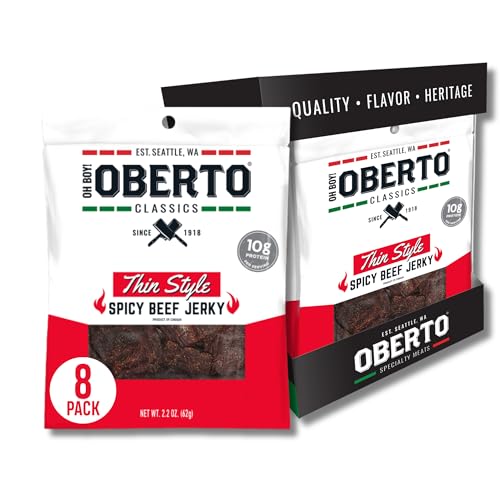 Image of Oberto Classics Thin Style Beef Jerky, Spicy Flavor, No Artificial Ingredients, High Protein, Gluten Free, Wood Smoked, Premium Steak Beef Jerky High Protein Snacks, 2.2 Ounce (Pack of 8)