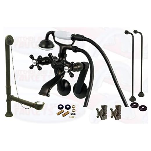 Oil Rubbed Bronze Vintage Wall Mount Clawfoot Tub Filler Kit With Drain, Single Offset Water Suppies, Floor Stops and Connection Fittings - Model KBFP-CCK269ORB-SO