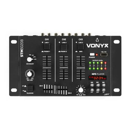 Vonyx STM-3020B Table de Mixage 6 Canaux - Port USB, 3 Canaux Mono/Stéréo Commutables, 2 Canaux Phono/Ligne Commutables, 2 Entrées Micro avec Fonction Talkover,...