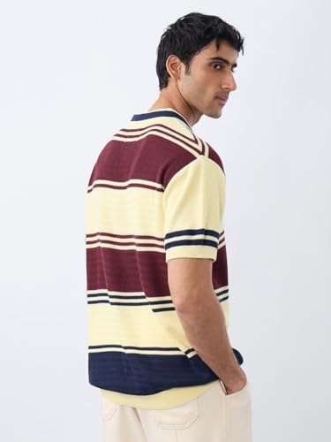 Image of The Souled Store Jacquard Polo: Red Velvet Men and Boys Short Sleeve Spread Collar Yellow Maroon and Navy Striped Cotton Textured Knit Breathable Everyday Oversized Polos