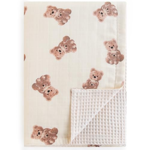 Image of LifeTree Baby Waffle Blankets, Muslin Swaddle Blankets for Boys Girls, Double-Sided Neutral Receiving Blanket with Muslin Front and Waffle Backing Infant Newborn, Bear Pattern