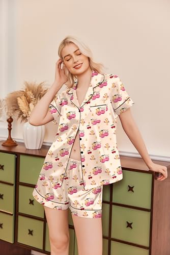 Image of Ekouaer Silk Pajamas for Women Funny Teddy Sleepwear Comfy Short Sleeve Button Down Loungewear Satin Pjs Shorts Set,Champagne Teddy Cherry,L