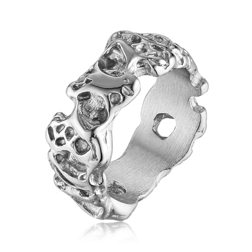 HZMAN Irregular Potholed Ring for Men Women Peculiar Stainless Steel Silver Ring Biker Wedding Cocktail Party Jewelry