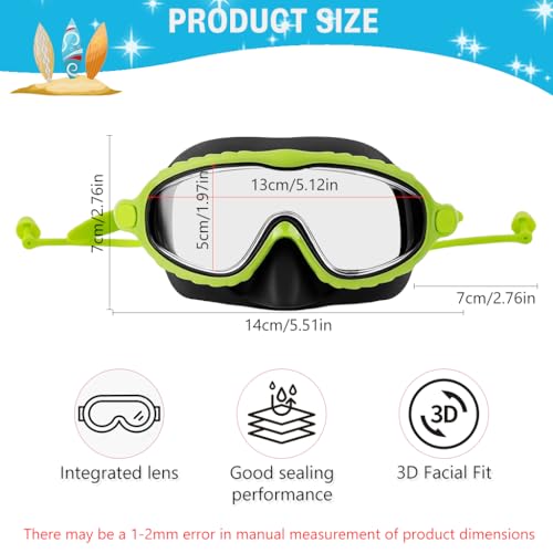 Image of Proberos Swimming Goggles for Kids, 2-in-1 Wide View Goggles Lenses with Anti-Choke Nose Cover & Intergrated Earplugs, Adjustable Headstrap No Pressure Swim Goggles for Children for 4-12 Years, Green